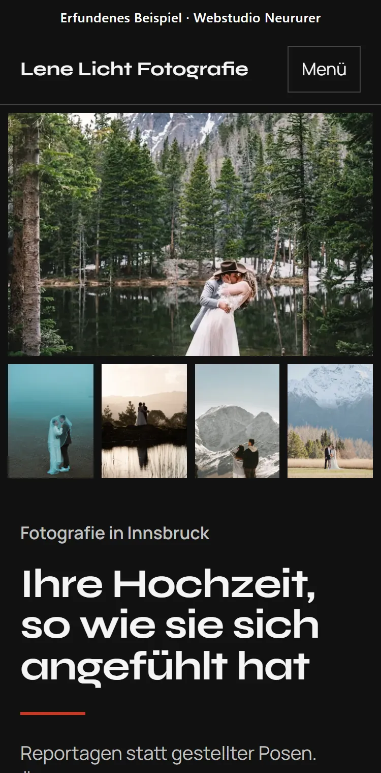 Phone view of the made-up example website Lene Licht photography: a large wedding photo in the mountains, a row of pictures and the headline