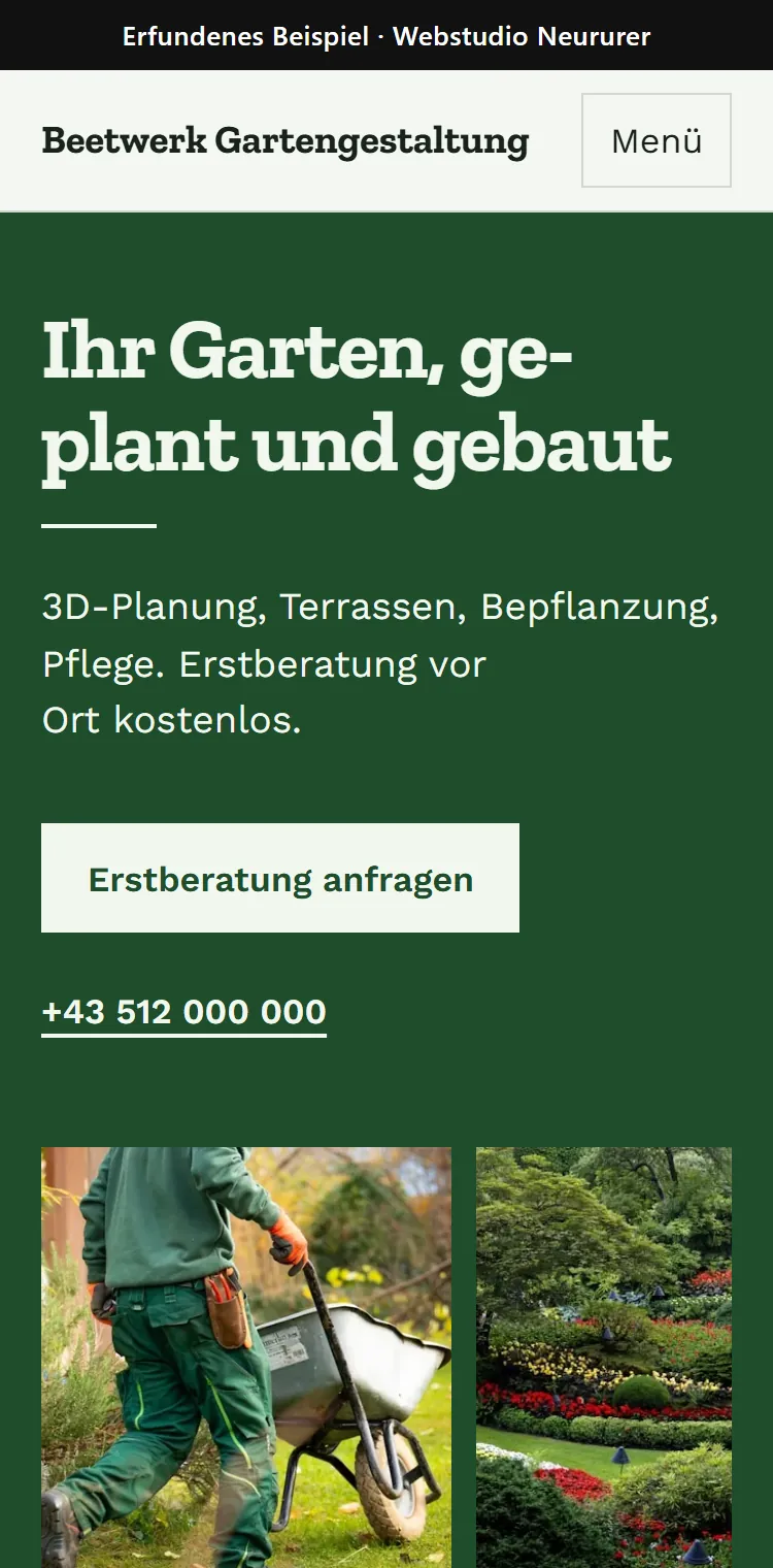 Handy-Ansicht der erfundenen Beispiel-Website Beetwerk Gartengestaltung: Überschrift, Anfrage-Knopf, Telefonnummer und Gartenfotos