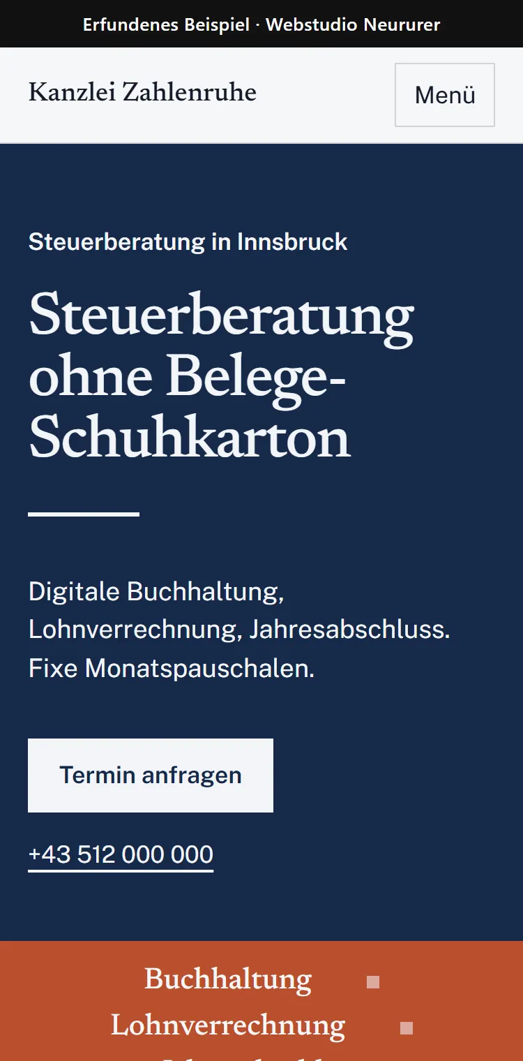 Handy-Ansicht der erfundenen Beispiel-Website Kanzlei Zahlenruhe: Überschrift, Leistungen, Termin-Knopf und Telefonnummer