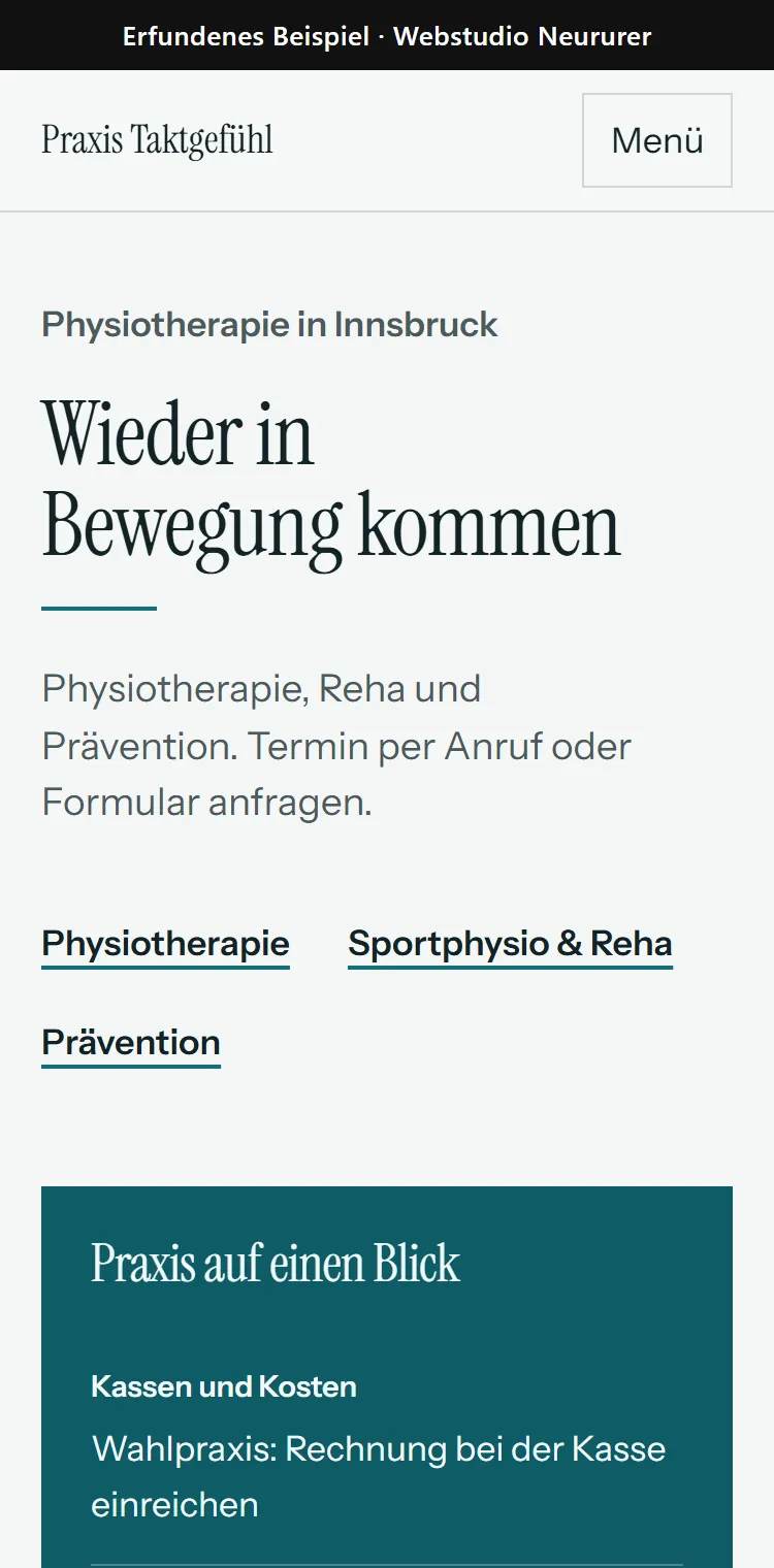 Handy-Ansicht der erfundenen Beispiel-Website Praxis Taktgefühl: Überschrift, Angebote und Infokarte mit Kassen und Kosten