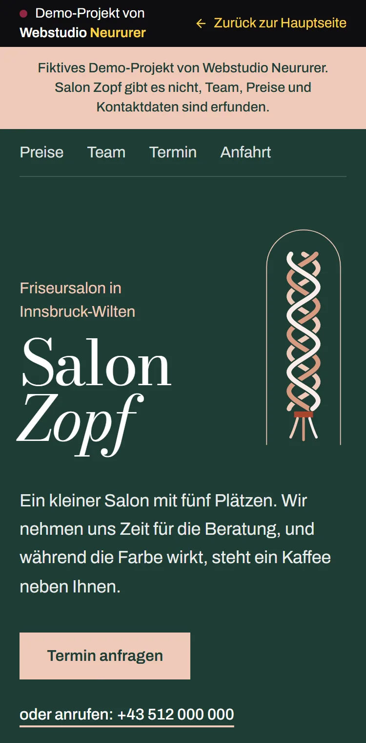Handy-Ansicht der erfundenen Beispiel-Website Salon Zopf: Hinweis auf das erfundene Demo-Projekt, Salonname, Termin-Knopf und Telefonnummer