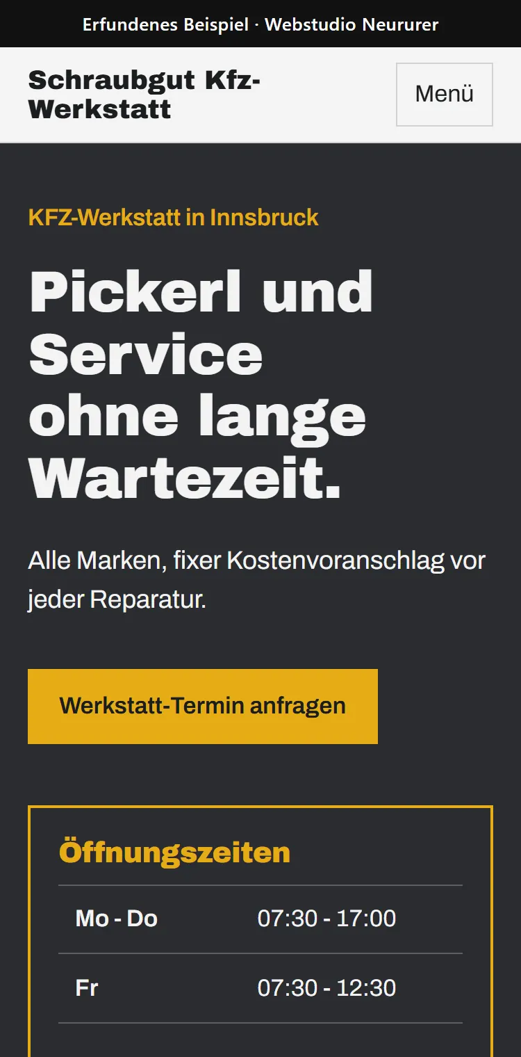 Handy-Ansicht der erfundenen Beispiel-Website Schraubgut Kfz-Werkstatt: Überschrift, Termin-Knopf und Öffnungszeiten